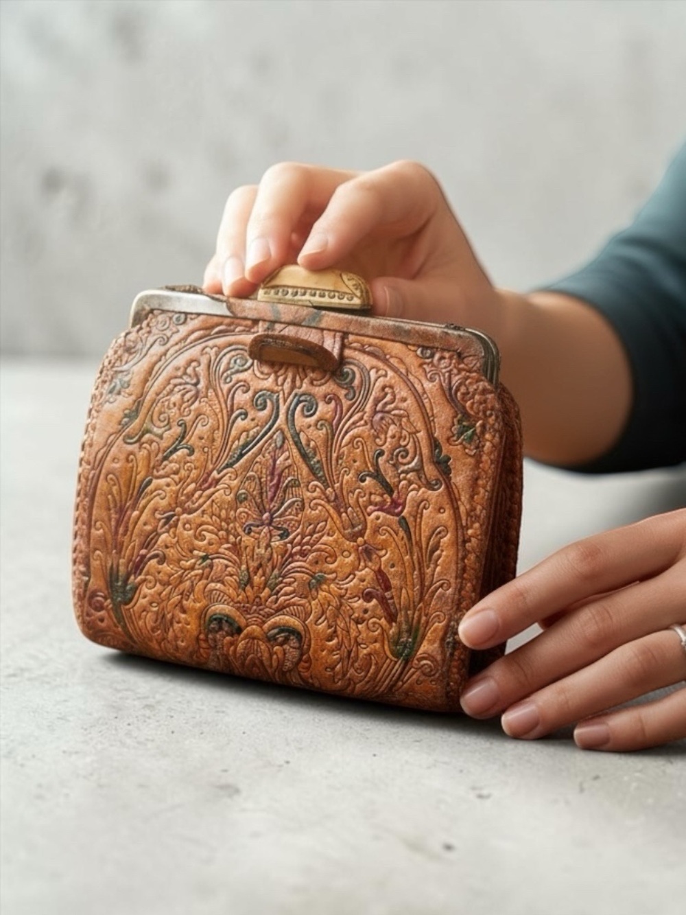 Vintage 1930s Hand Tooled Floral Leather Clutch Bag Wallet With Carved Clasp